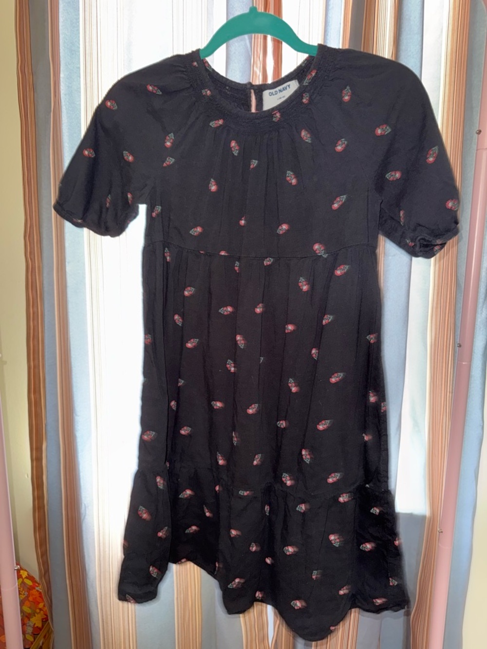 Old Navy Black Short Sleeve Swing Dress with Pink Floral Accents - Girls Size L